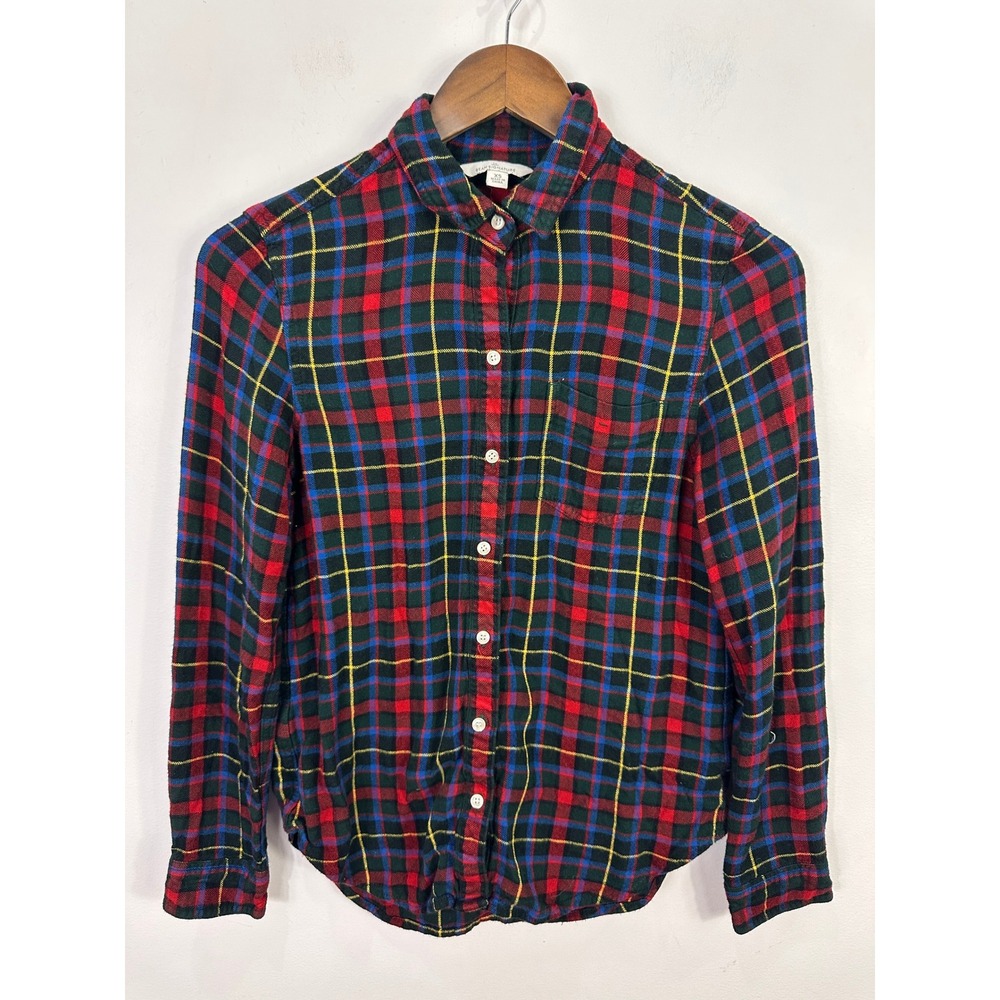 LL Bean Signature Plaid Shirt Womens XS Red Rayon Flannel Button Down Preppy